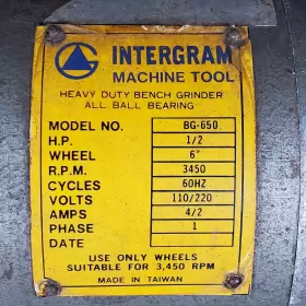 BG-650 INTERGRAM MACHINE TOOL Bench Grinder Rpm #3 BG-650 INTERGRAM MACHINE TOOL Bench Grinder Rpm #3